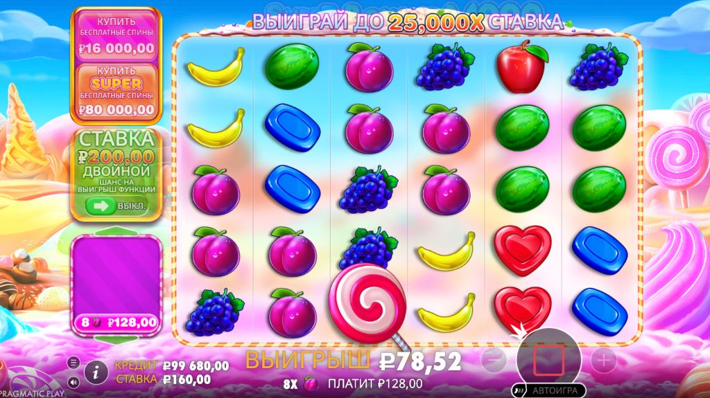 Игровое поле Sweet Bonanza 1000 6 на 5 с фруктами и леденцами — режим ожидания ставки